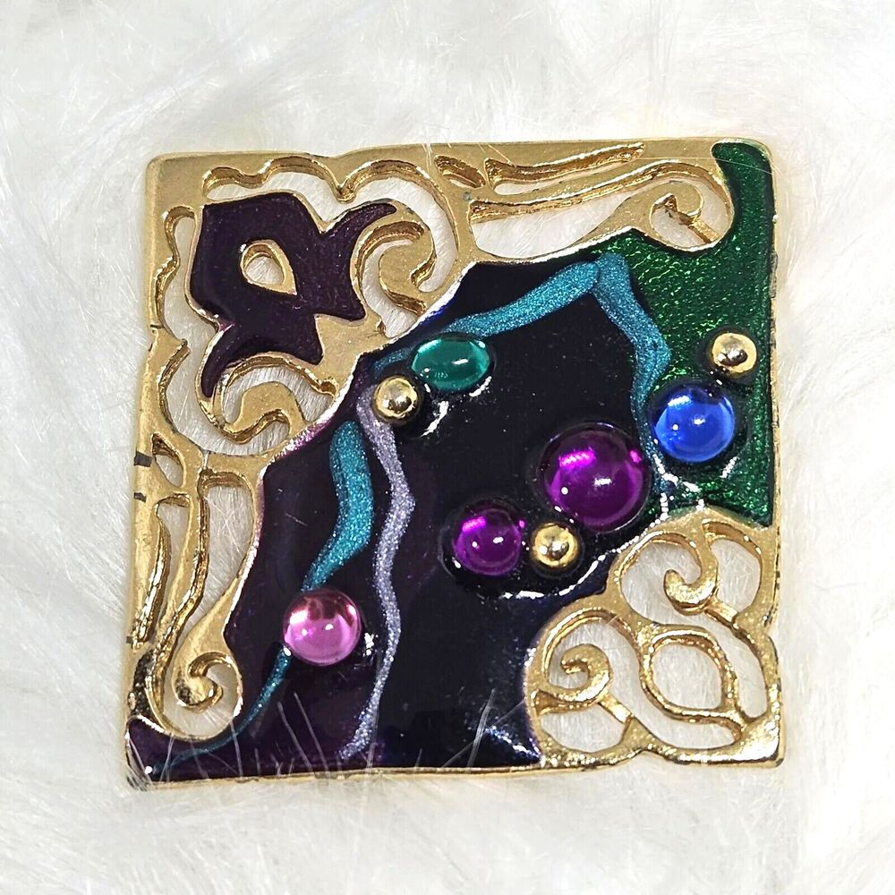 Vtg Abstract Brooch Blue Green Purple Enamel Gold Tone Metal Lucite Drops Pin